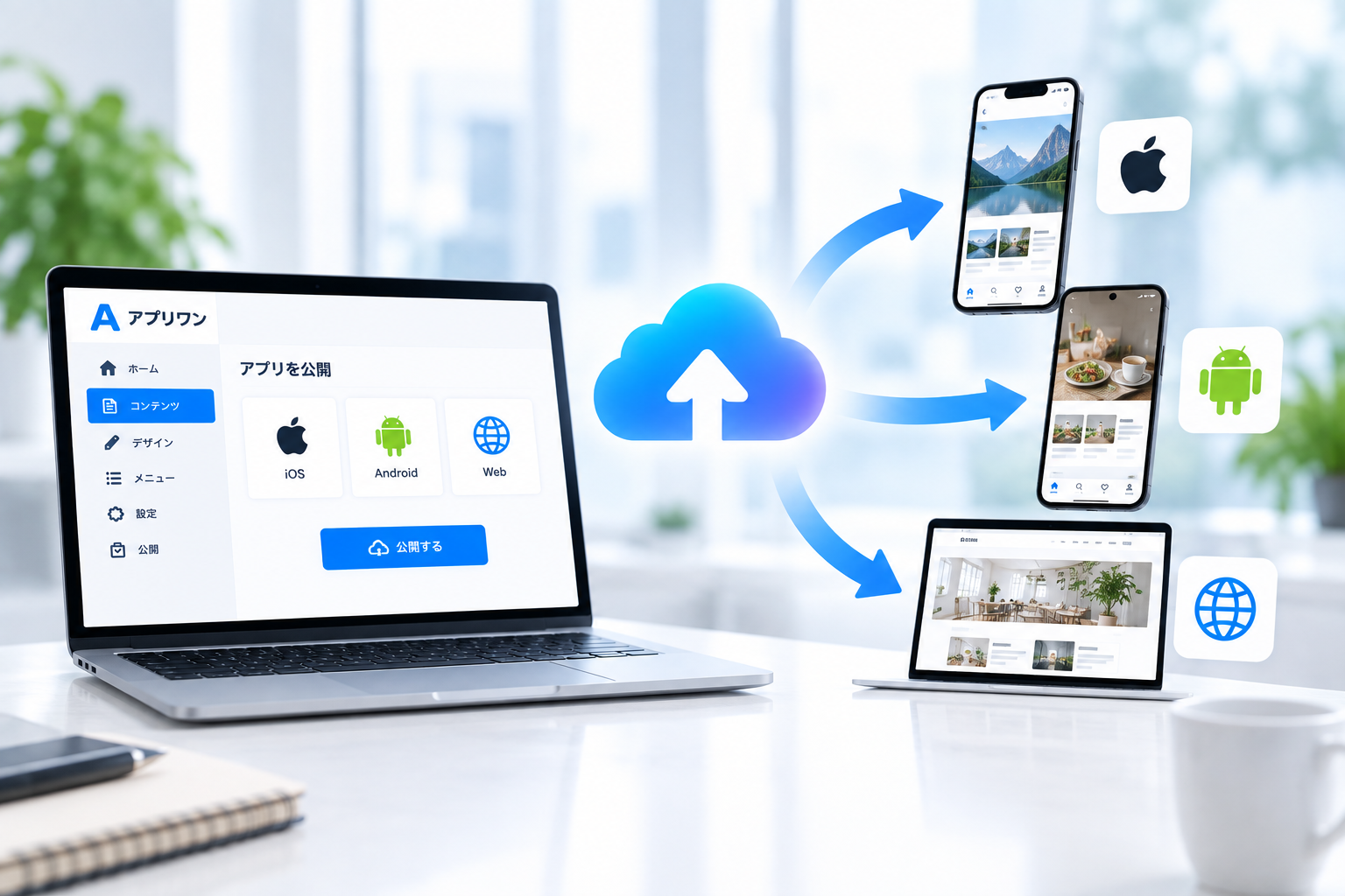 アプリワンの管理画面からiOS・Android・Webへ反映するイメージ