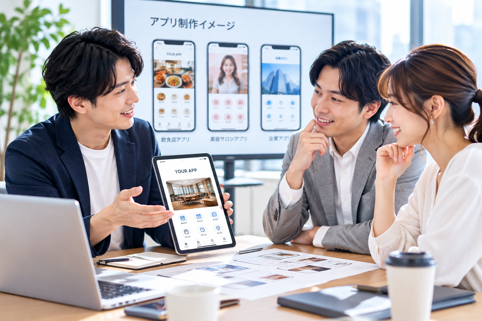 お客様とアプリ制作の打ち合わせをする様子